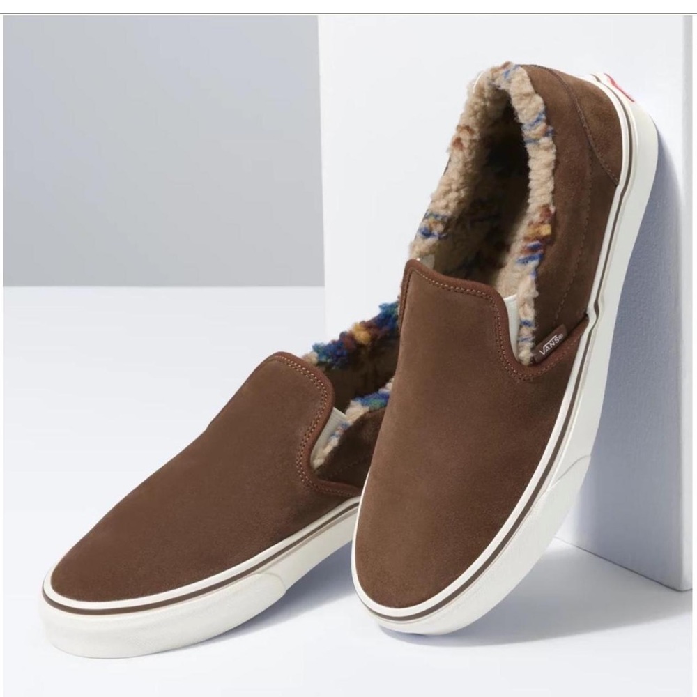 Vans Brown Suede Sherpa Lined Unisex Men Women Slip on Sneakers size 7.5 / 9